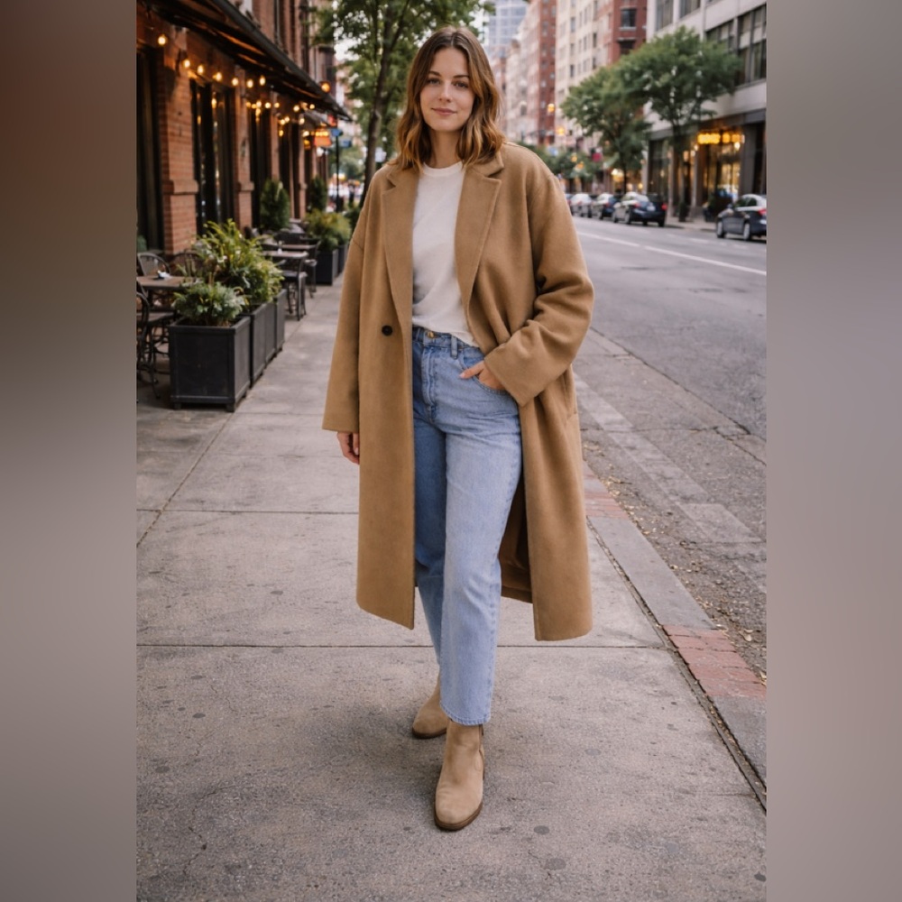 Camel Power Coat 2XL Longline Duster Double Breasted Minimal Luxe Streetwear wmn